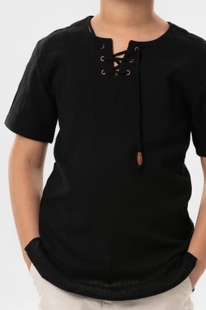 Kısa Kol Şile Bezi Zımbalı Yazlık Erkek Çocuk Tshirt Siyah 3003