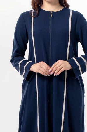 Uzun Kol Gülfem Fermuarlı Yazlık Şile Bezi Ferace Lacivert Lcvt