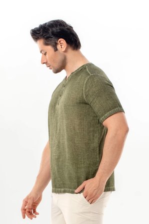 Bora Düğmeli V Yaka Kısa Kol Poplin Erkek Tişört | Yazlık Erkek Tshirt Açık Haki Ahk
