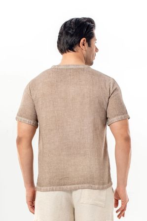 Bora Düğmeli V Yaka Kısa Kol Poplin Erkek Tişört | Yazlık Erkek Tshirt Bej Bej