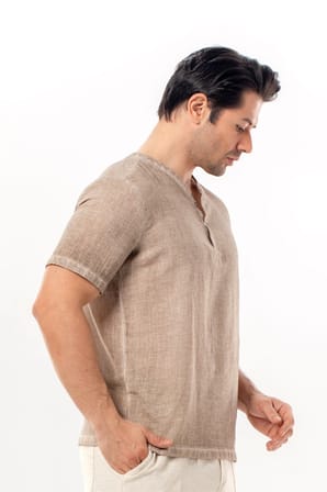 Bora Düğmeli V Yaka Kısa Kol Poplin Erkek Tişört | Yazlık Erkek Tshirt Bej Bej