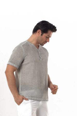 Bora Düğmeli V Yaka Kısa Kol Poplin Erkek Tişört | Yazlık Erkek Tshirt Gri Gri
