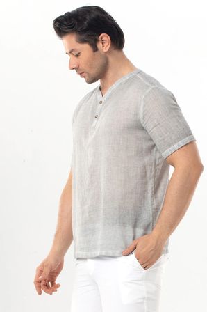 Bora Düğmeli V Yaka Kısa Kol Poplin Erkek Tişört | Yazlık Erkek Tshirt Gri Gri