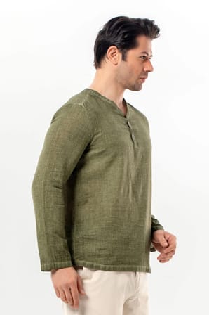 Uzun Kol Bora V Yaka Düğmeli Poplin Erkek Tişört | Yazlık Erkek Tshirt Açık Haki Ahk