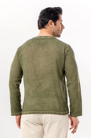 Uzun Kol Bora V Yaka Düğmeli Poplin Erkek Tişört | Yazlık Erkek Tshirt Açık Haki Ahk