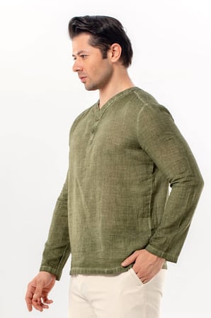Uzun Kol Bora V Yaka Düğmeli Poplin Erkek Tişört | Yazlık Erkek Tshirt Açık Haki Ahk