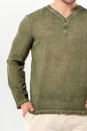 Uzun Kol Bora V Yaka Düğmeli Poplin Erkek Tişört | Yazlık Erkek Tshirt Açık Haki Ahk