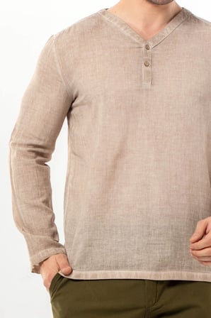 Uzun Kol Bora V Yaka Düğmeli Poplin Erkek Tişört | Yazlık Erkek Tshirt Bej Bej