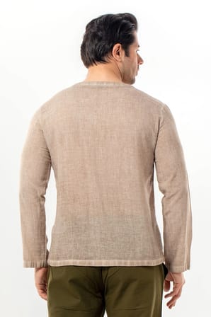 Uzun Kol Bora V Yaka Düğmeli Poplin Erkek Tişört | Yazlık Erkek Tshirt Bej Bej