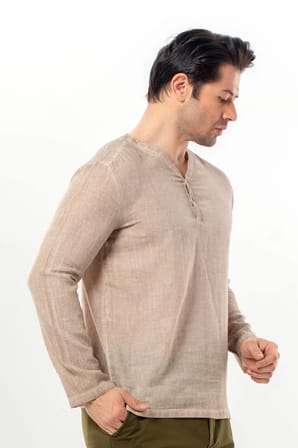 Uzun Kol Bora V Yaka Düğmeli Poplin Erkek Tişört | Yazlık Erkek Tshirt Bej Bej