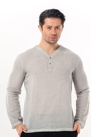Uzun Kol Bora V Yaka Düğmeli Poplin Erkek Tişört | Yazlık Erkek Tshirt Gri Gri