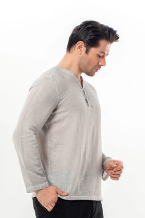 Uzun Kol Bora V Yaka Düğmeli Poplin Erkek Tişört | Yazlık Erkek Tshirt Gri Gri