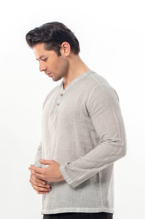 Uzun Kol Bora V Yaka Düğmeli Poplin Erkek Tişört | Yazlık Erkek Tshirt Gri Gri