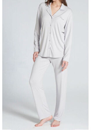 Pijadore Kadın Gri Viskon Önü Düğmeli Uzun Kollu Pijama Takımı 1706