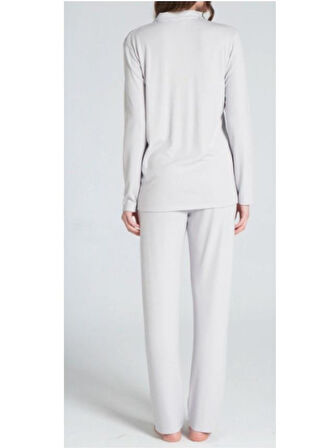 Pijadore Kadın Gri Viskon Önü Düğmeli Uzun Kollu Pijama Takımı 1706