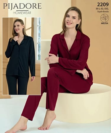 Pijadore Kadın Önü Düğmeli Uzun Kollu Mevsimlik Pijama Takımı 2209