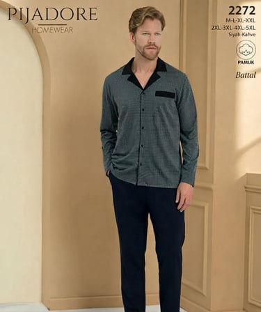 Pijadore Erkek %100 Pamuklu Önden Düğmeli Uzun Kollu Pijama Takımı 2272