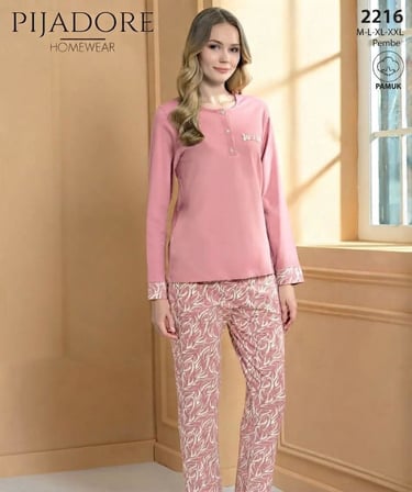 Pijadore Kadın Önü Düğmeli Uzun Kollu Mevsimlik Pijama Takımı 2216