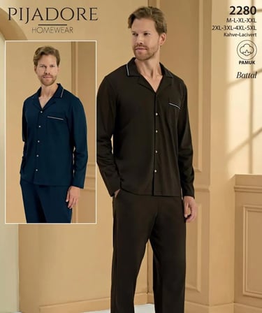 Pijadore Erkek %100 Pamuklu Önden Düğmeli Uzun Kollu Pijama Takımı 2280