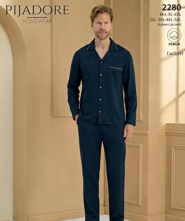 Pijadore Erkek %100 Pamuklu Önden Düğmeli Uzun Kollu Pijama Takımı 2280