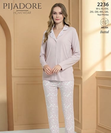 Pijadore Kadın Önü Düğmeli Uzun Kollu Mevsimlik Pijama Takımı 2236
