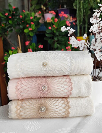 Annem (3.LÜ SET) Çeyizlik 50x90 Cm. Kadife Doku Piliseli Dantelli El ve Yüz  Lüks Havlu Seti