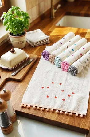 Annem  30x50 cm. Çeyizlik  (6'lı Set) Kalp Nakışlı Ponponlu  Bukle Lüks Havlu Seti