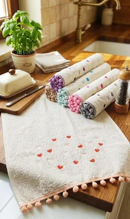 Annem  30x50 cm. Çeyizlik  (6'lı Set) Kalp Nakışlı Ponponlu  Bukle Lüks Havlu Seti