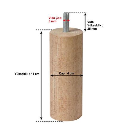 Ahşap Mobilya Baza Koltuk Kanepe Ayağı Vida Çapı 8 mm Boyasız