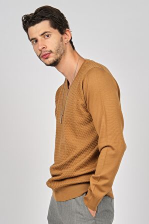 Desen Triko Erkek V Yaka Yün Kazak 0249617 Taba
