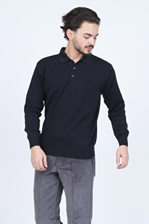 Woolen World Erkek Desenli Polo Yaka Triko Yün Kazak 5597141 Lacivert
