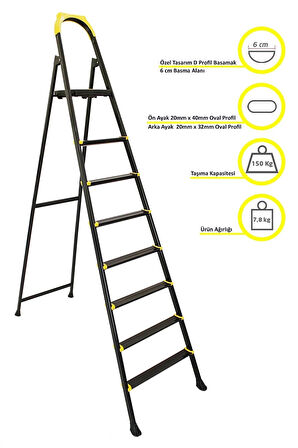 ERTEKPALeo Siyah Merdiven 7+1 Metal Basamaklı