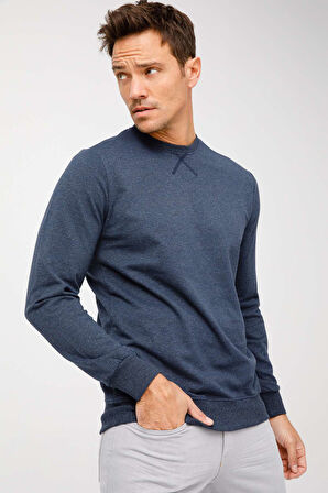 Erkek İndigo Modernfit / Ekstra Dar Kalıp Bisiklet Yaka Sweatshirt