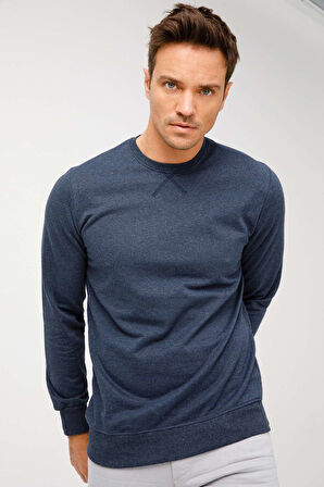 Erkek İndigo Modernfit / Ekstra Dar Kalıp Bisiklet Yaka Sweatshirt