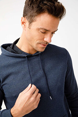 Erkek İndigo Modernfit / Ekstra Dar Kalıp Kapşonlu Fermuarsız Sweatshirt