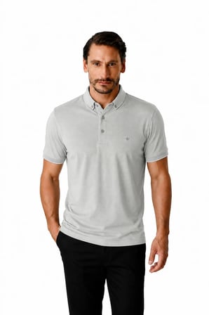 Gri Slim Fit Dar Kalıp Düğmeli Polo Yaka Düz Kısa Kollu Pamuklu Tişört