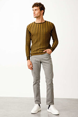 Siyah Regular Fit Rahat Kalıp Bisiklet Yaka Desenli Uzun Kollu  Triko