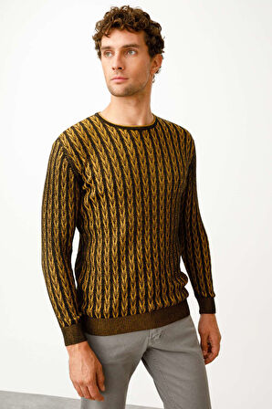 Siyah Regular Fit Rahat Kalıp Bisiklet Yaka Desenli Uzun Kollu  Triko