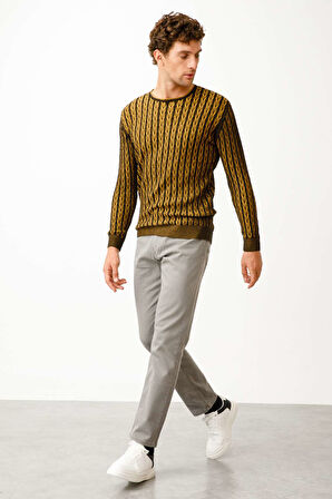 Siyah Regular Fit Rahat Kalıp Bisiklet Yaka Desenli Uzun Kollu  Triko