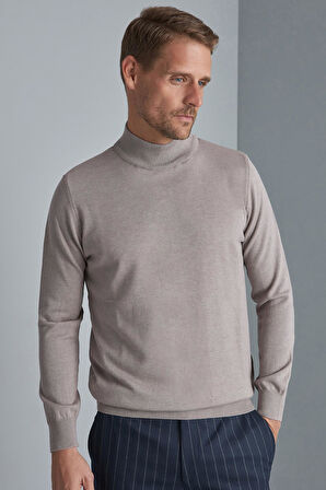 Bej Standart Fit Dar Kalıp Yarım Balıkçı Düz Uzun Kollu  Triko