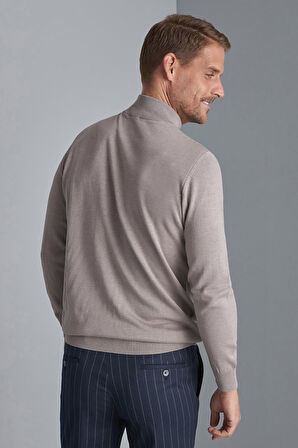 Bej Standart Fit Dar Kalıp Yarım Balıkçı Düz Uzun Kollu  Triko