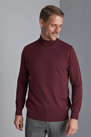 Bordo Standart Fit Dar Kalıp Yarım Balıkçı Düz Uzun Kollu  Triko