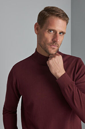 Bordo Standart Fit Dar Kalıp Yarım Balıkçı Düz Uzun Kollu  Triko