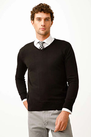 Siyah Standart Fit Dar Kalıp V Yaka Düz Uzun Kollu  Triko