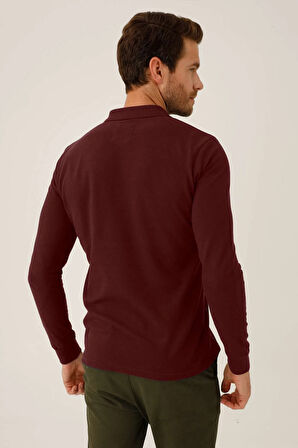 Erkek Bordo  Polo Yaka Düğmeli Sweatshirt