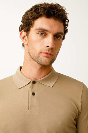Erkek Taba  Polo Yaka Düğmeli Sweatshirt