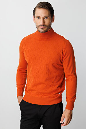 Turuncu Standart Fit Dar Kalıp Yarım Balıkçı Düz Uzun Kollu  Triko