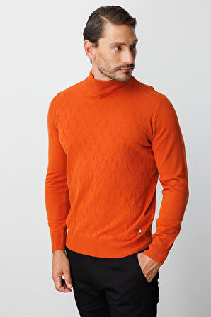 Turuncu Standart Fit Dar Kalıp Yarım Balıkçı Düz Uzun Kollu  Triko