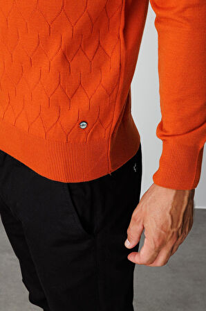 Turuncu Standart Fit Dar Kalıp Yarım Balıkçı Düz Uzun Kollu  Triko