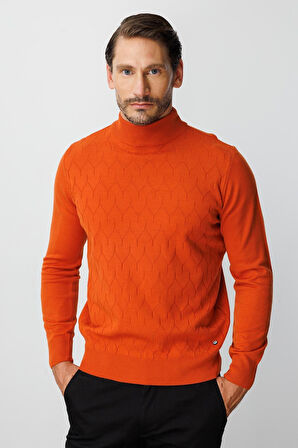 Turuncu Standart Fit Dar Kalıp Yarım Balıkçı Düz Uzun Kollu  Triko